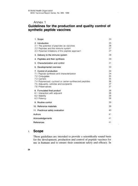Guidelines for the prodution and quality control of synthetic peptide vaccines, Annex 1, TRS No 889