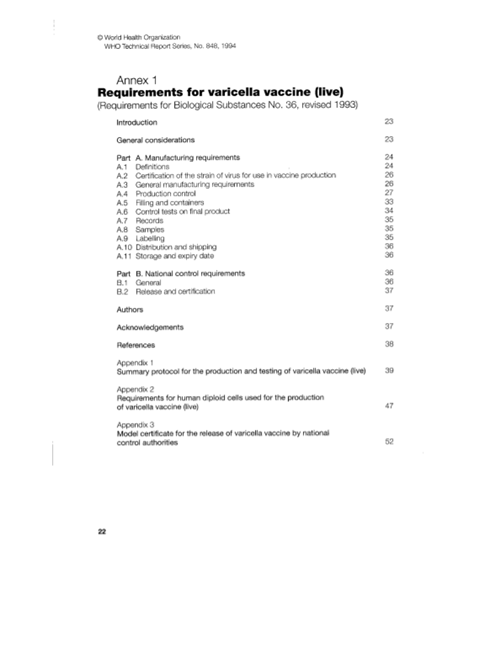 Requirements for varicella vaccine (live), Annex 1, TRS No 848