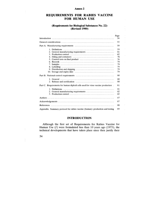 Requirements for Rabies Vaccine for Human use, Annex 2, TRS No 658