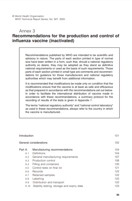 Recommendations for the production and control of influenza vaccine (inactivated), Annex 3, TRS No 927