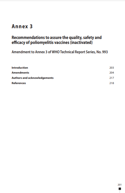 Recommendations to assure the quality, safety and efficacy of poliomyelitis vaccines (inactivated), Annex 3, TRS No 1024