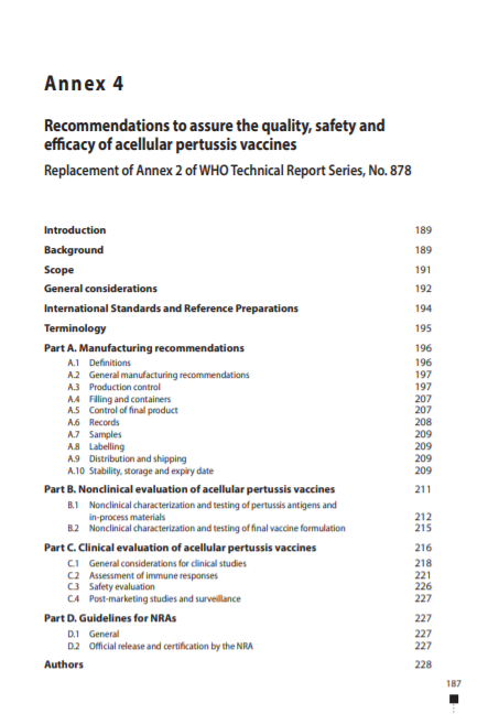 Recommendations to assure the quality, safety and efficacy of acellular pertussis vaccines, Annex 4, TRS No 979