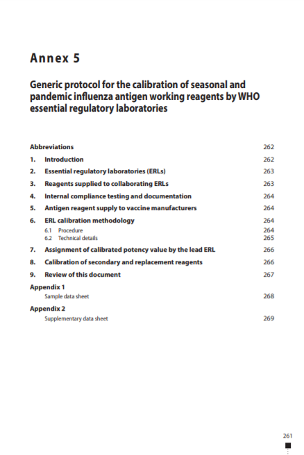 Generic protocol for the calibration of seasonal and pandemic influenza antigen working reagents by WHO essential regulatory laboratories, Annex 5, TRS No 979