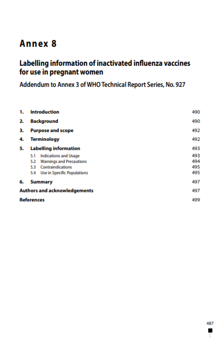 Labelling information of inactivated influenza vaccines for use in pregnant women, Annex 8, TRS No 1004