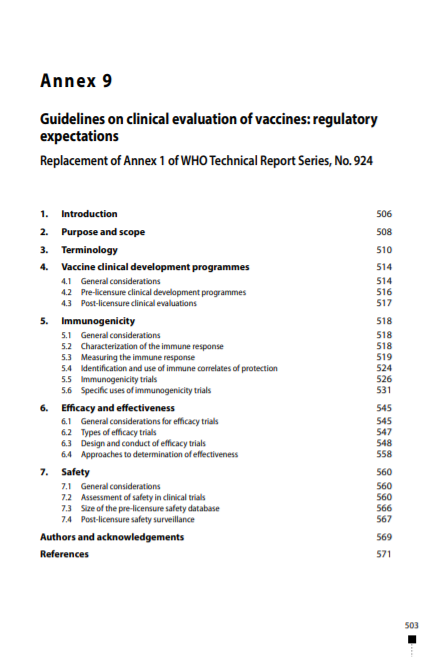 Guidelines on clinical evaluation of vaccines: regulatory expectations, Annex 9, TRS No 1004
