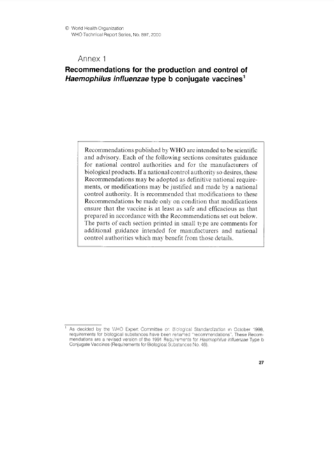 Recommendations for the production & control of Haemophilus influenzae type b conjugate vaccines, Annex 1, TRS No 897
