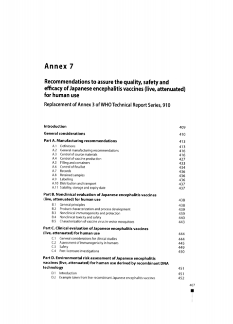 Recommendations to assure the quality, safety and efficacy of Japanese encephalitis vaccines (live, attenuated) for human use, Annex 7, TRS No 980