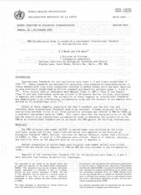 WHO collaborative study to establish a replacement International Standard for anti-poliovirus sera