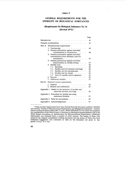 General requirements for the sterility of biological substances, Annex 3, TRS No 872
