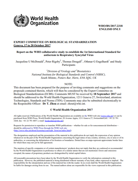Report on the WHO collaborative study to establish the 1st International Standard for antiserum to Respiratory Syncytial Virus