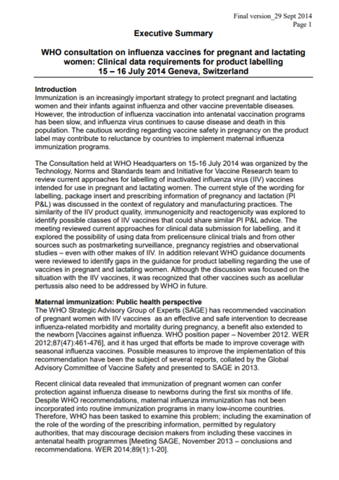 WHO consultation on influenza vaccines for pregnant and lactating women: Clinical data requirements for product labelling