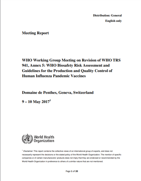 WHO Working Group Meeting on Revision of WHO TRS No 941, Annex 5: WHO Biosafety Risk Assessment and Guidelines for the Production and Quality Control of Human Influenza Pandemic Vaccines