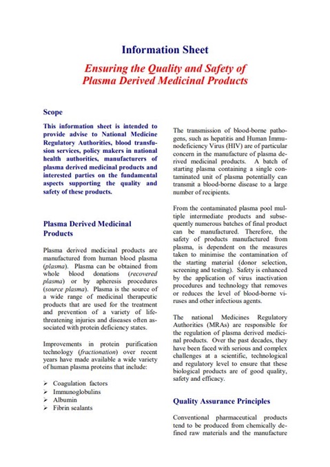 Information Sheet: Ensuring the Quality and Safety of Plasma Derived Medicinal Products