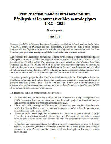 Plan d’action mondial intersectoriel sur l’épilepsie et les autres troubles neurologiques 2022 – 2031