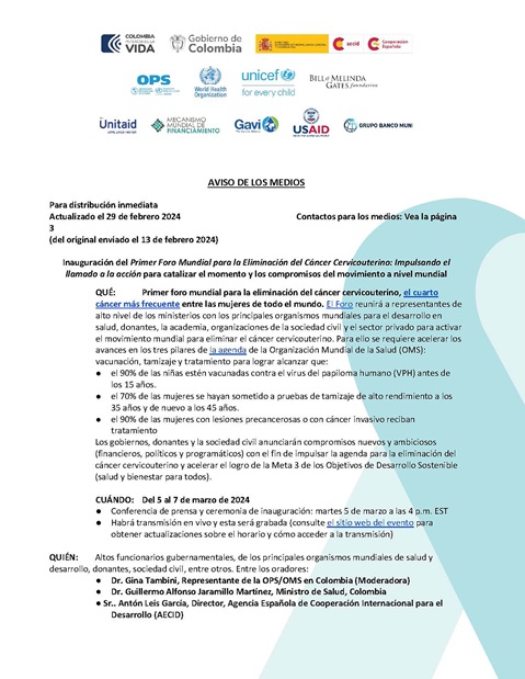 Foro mundial para la eliminacióndel cáncer cervicouterino: avanzando en el llamado a la acción – aviso de los medios