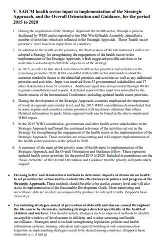 SAICM health sector input to implementation of the Strategic Approach, and the Overall Orientation and Guidance, for the period 2015 to 2020
