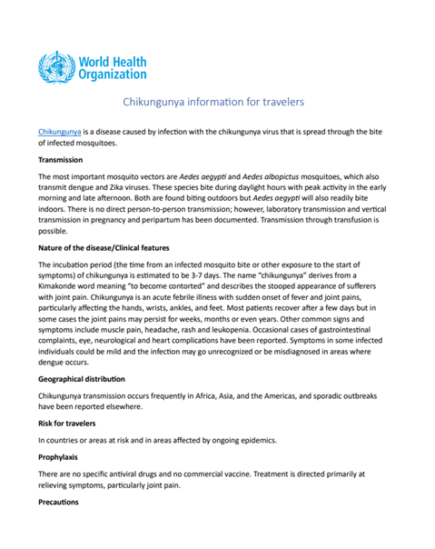 The image shows a WHO informational poster titled "Chikungunya information for travelers," including details about the disease's transmission by mosquitoes, symptoms, geographical distribution, risk factors, prevention, and precautions.