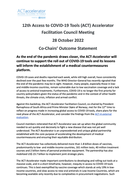 12th Access to COVID-19 Tools (ACT) Accelerator Facilitation Council Meeting - Co-Chairs’ Outcome Statement
