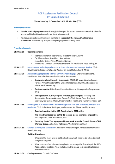 ACT Accelerator Facilitation Council 8th Council meeting – Agenda