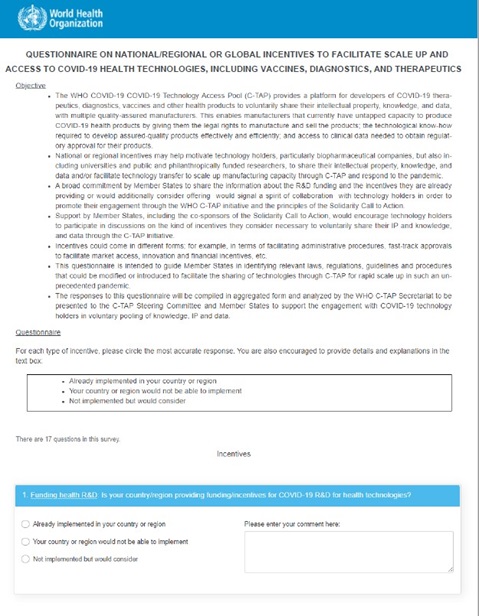 Questionnaire on national, regional or global incentives to facilitate scale up and access to COVID-19 health technologies, including vaccines, diagnostics, and therapeutics