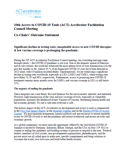 10th Access to COVID-19 Tools (ACT) Accelerator Facilitation Council Meeting - Co-Chairs’ Outcome Statement