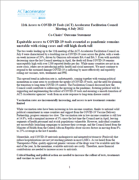 11th Access to COVID-19 Tools (ACT) Accelerator Facilitation Council Meeting - Co-Chairs’ Outcome Statement