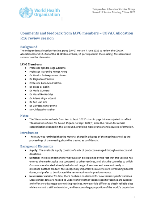 Report of the Independent Allocation of Vaccines Group on the allocation of COVAX Facility secured vaccines: 7 June 2022
