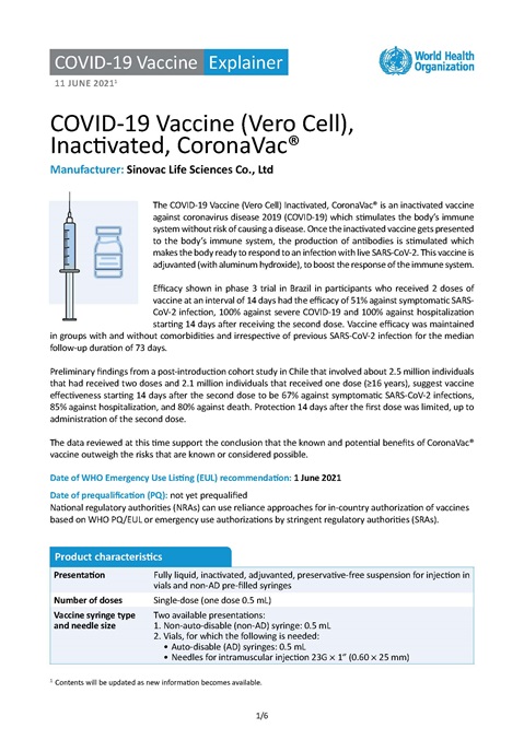 Sinovac CoronaVac® [Vero Cell]- Inactivated, COVID-19 vaccine