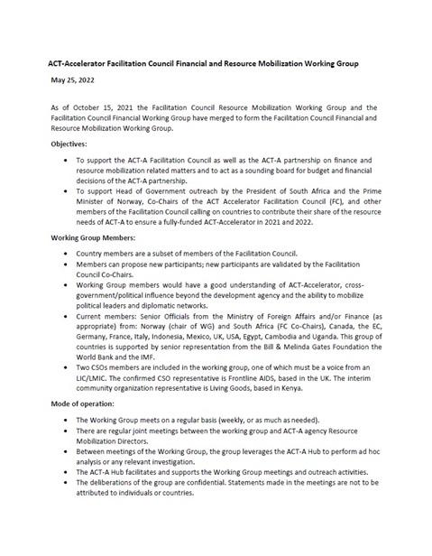ACT Accelerator Facilitation Council Financial and Resource Mobilization Working Group - Terms of reference