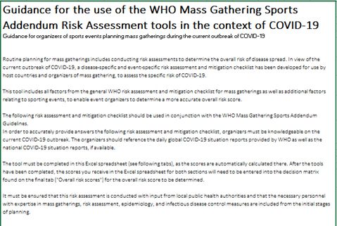 Guidance for the use of the WHO Mass Gatherings Sports: addendum risk assessment tools in the context of COVID-19