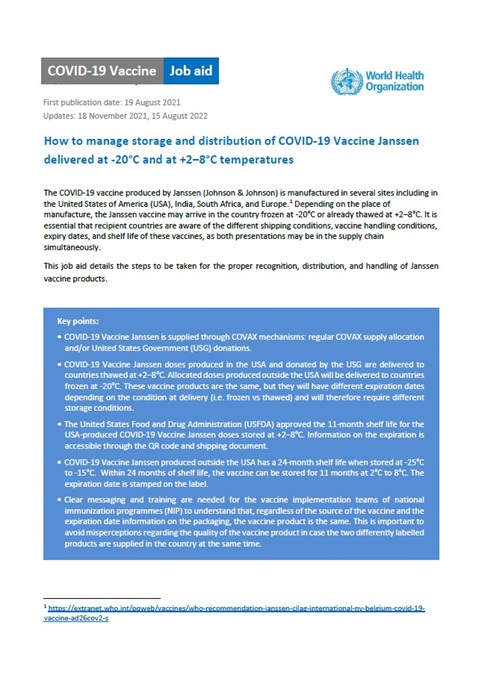 Job aid: How to manage storage and distribution of COVID-19 Vaccine Janssen delivered at -20°C and +2 to +8°C temperatures?