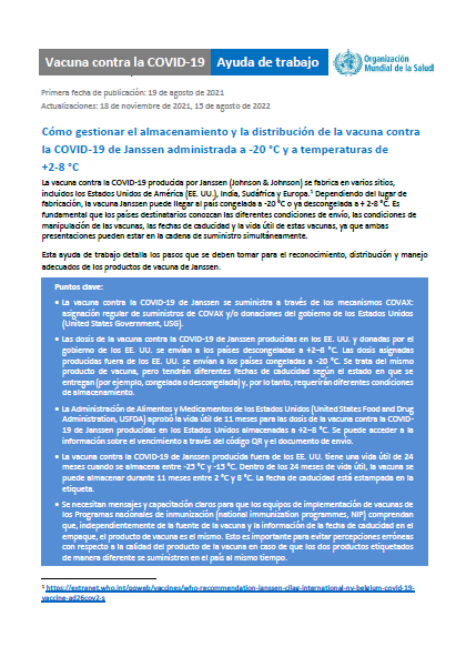 Cómo gestionar el almacenamiento y la distribución de la vacuna contra la COVID-19 de Janssen administrada a -20 °C y a temperaturas de +2-8 °C