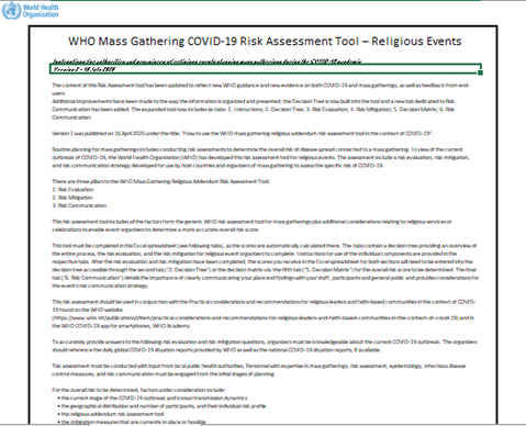 WHO mass gathering COVID-19 risk assessment tool – Religious events