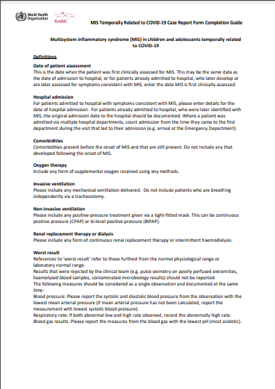 Multisystem inflammatory syndrome (MIS) Temporally Related to COVID-19 Case Report Form Completion Guide