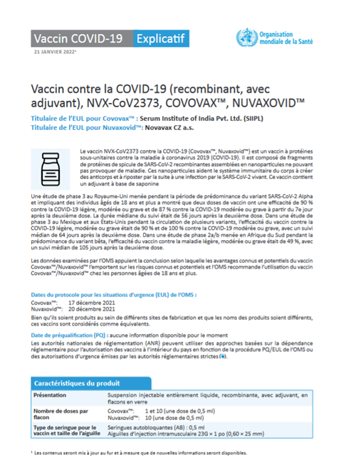 NVX-CoV2373 recombinant, avec adjuvant vaccin contre la COVID-19