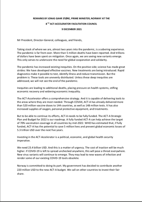 Remarks by Jonas Gahr Støre, Prime Minister, Norway at the 8 th ACT-Accelerator Facilitation Council