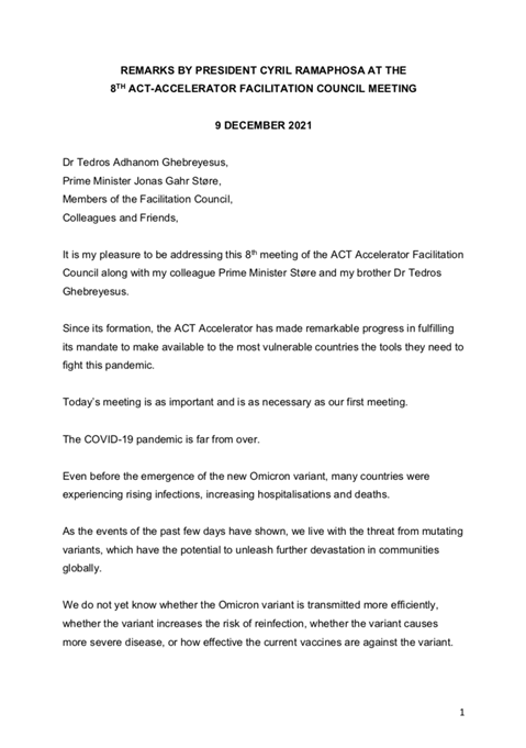 Remarks by President Cyril Ramaphosa at the 8th ACT-Accelerator Facilitation Council