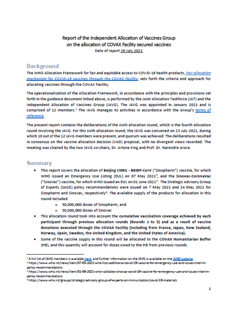 Report of the Independent Allocation of Vaccines Group on the allocation of COVAX Facility secured vaccines: 29 July 2021