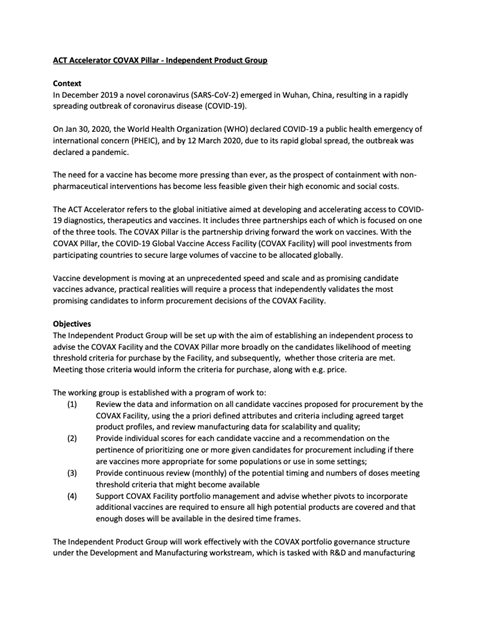 ACT Accelerator COVAX Pillar - Independent Product Group