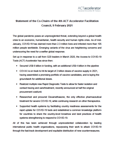 Statement of the Co Chairs of the 4th ACT Accelerator Facilitation Council