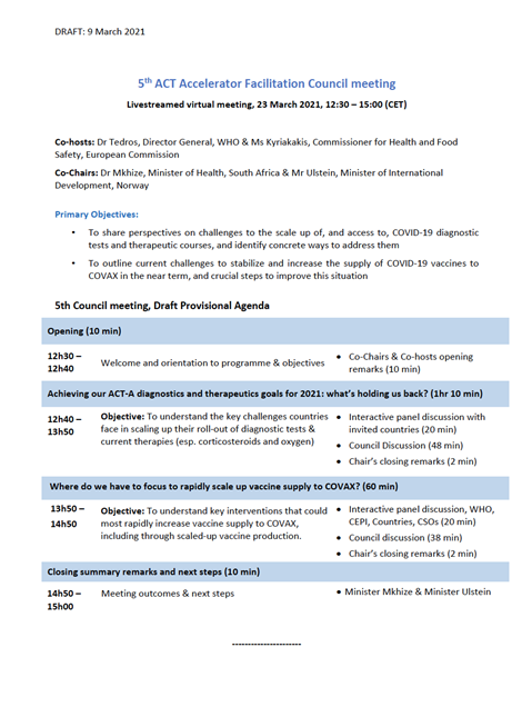 5th ACT-A Facilitation Council agenda