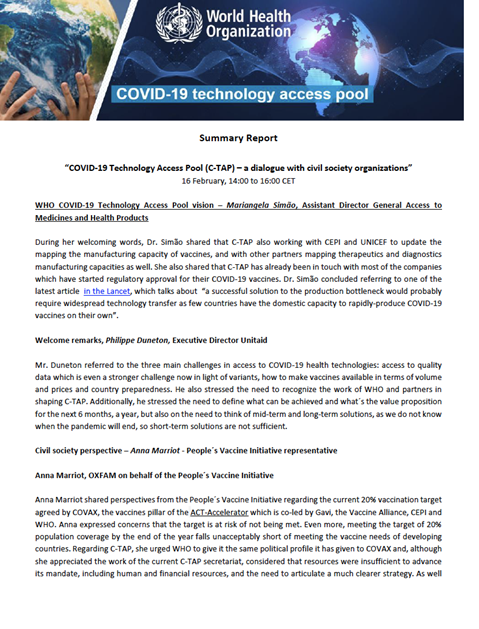 WHO COVID-19 Technology Access Pool (C-TAP) Civil Society Consultation