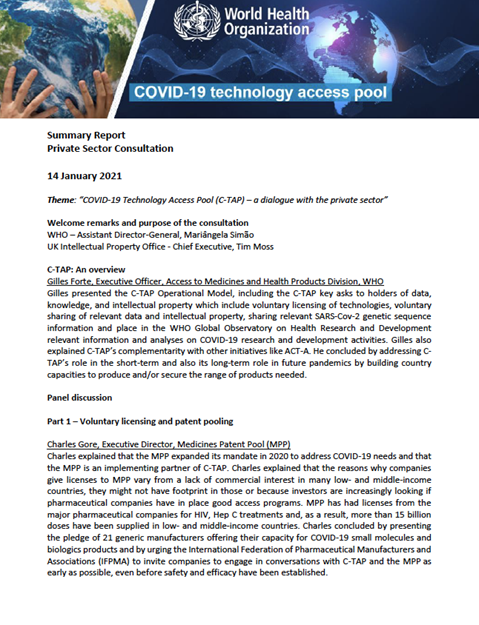 WHO COVID-19 Technology Access Pool (C-TAP) Private Sector Consultation