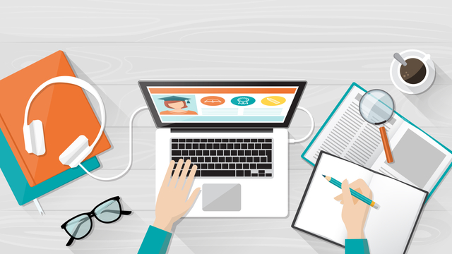Cartoon image of computer, notebook and headphones on desk