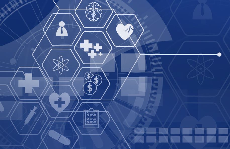 Digitital Technologies for Health Financing Blue graphic with health related icons