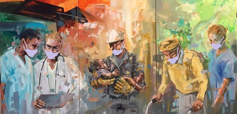 health workforce painting with masks