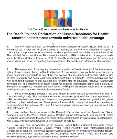 The Recife Political Declaration on Human Resources for Health: Renewed commitments towards universal health coverage