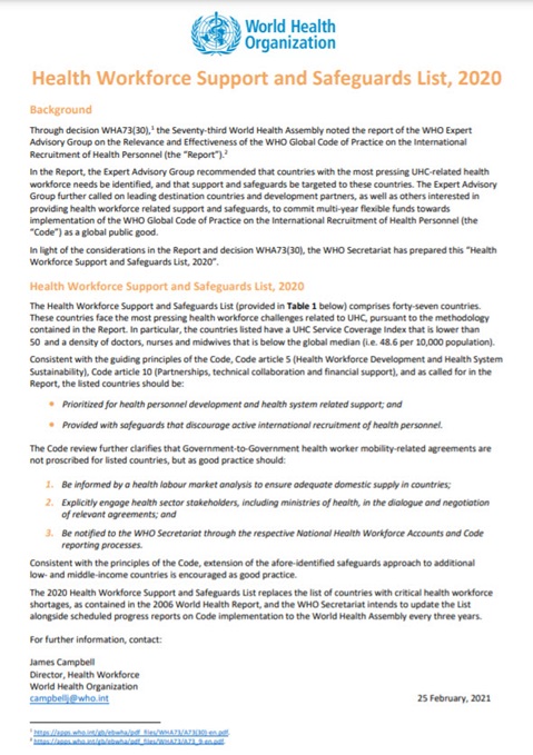 Health Workforce Support and Safeguards List