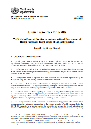 WHO Global Code of Practice on the International Recruitment of Health Personnel: Fourth round of reporting