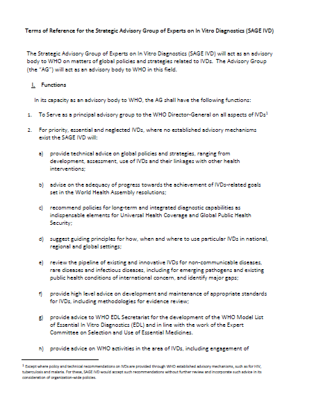 2023 Terms of Reference for Strategic Advisory Group of Experts on In Vitro Diagnostics (SAGE IVD)